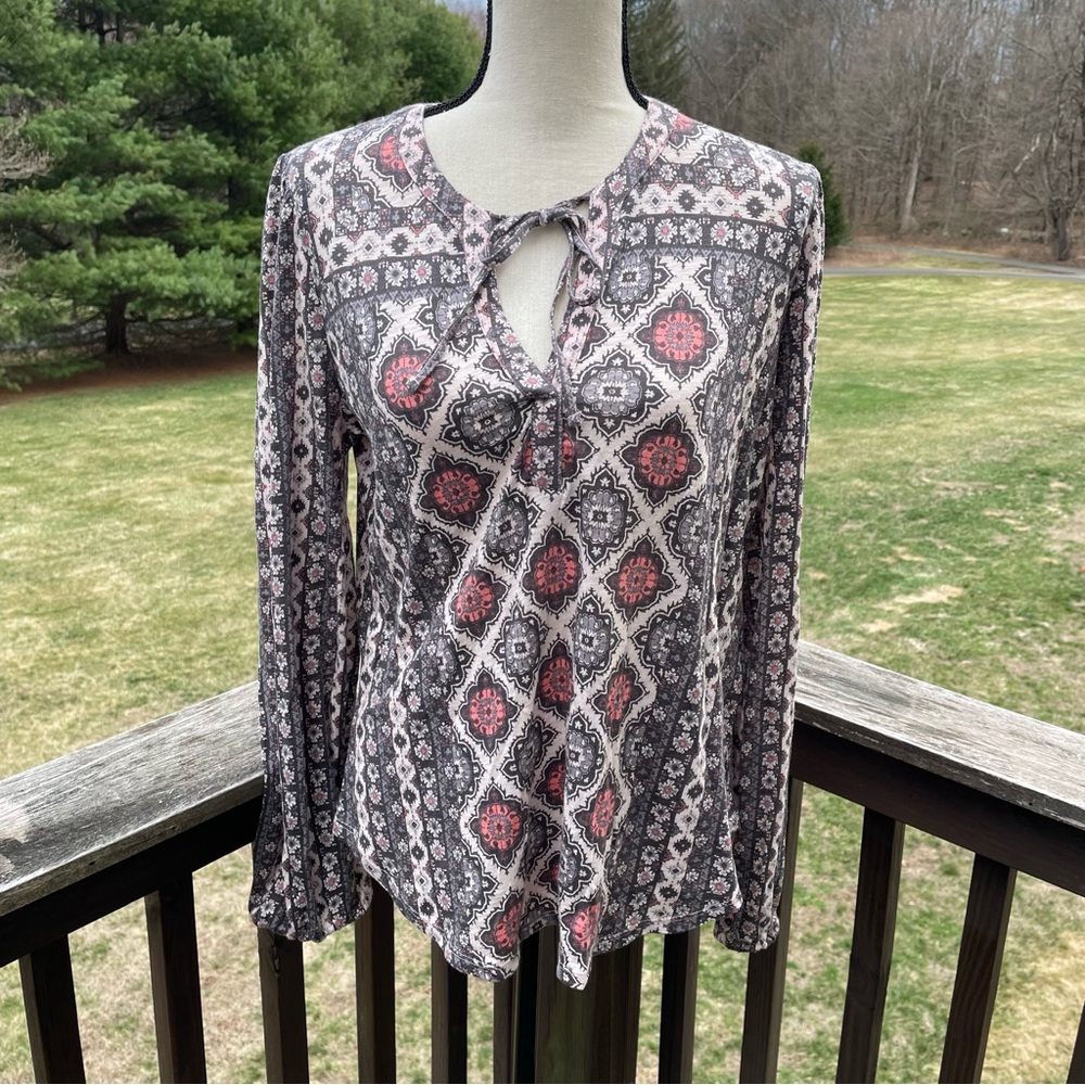 Lucky Brand tunic top boho hippie festival peasant medallion keyhole medium